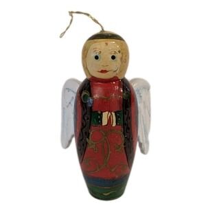 VTG Wooden Christmas Angel Ornament 3" Wings Hand Painted Folk Art Red Blue Gold